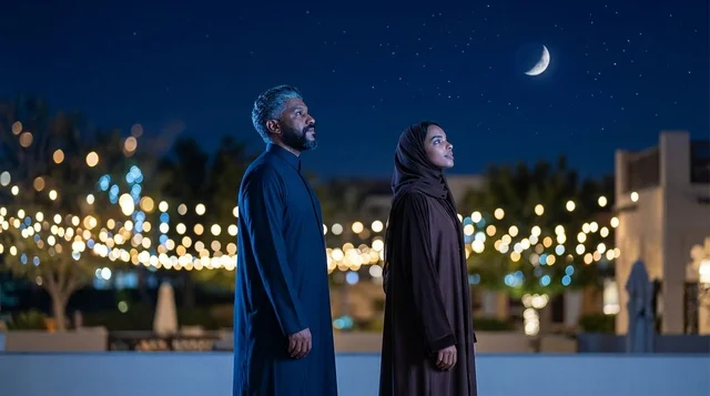 زوجان عربيان ينظران إلى هلال القمر ليلاً