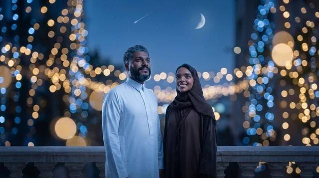 A Saudi man and woman in traditional attire in the studio.