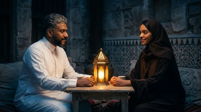 Saudi Couple with Traditional Lantern at Night