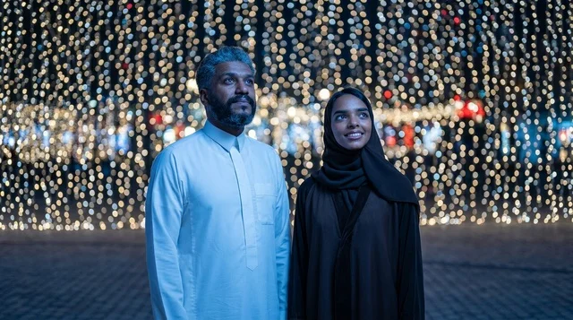 Saudi Couple in Traditional Dress with Night Bokeh Lights