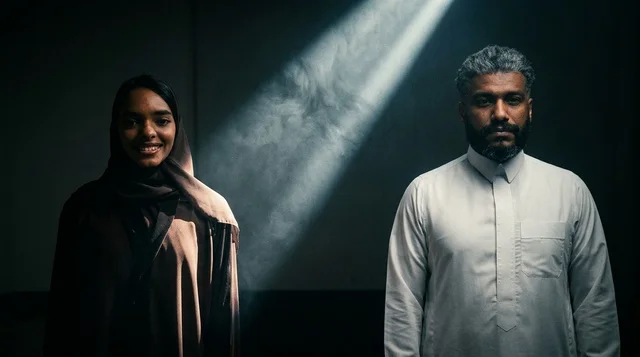 Saudi Couple in Traditional Attire with Cinematic Lighting