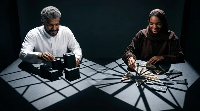 A Saudi man and woman solve puzzles with sharp shadows.