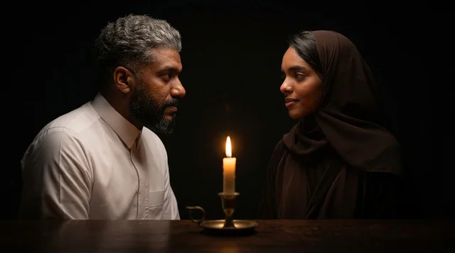 A Saudi man and woman in traditional clothing by candlelight.