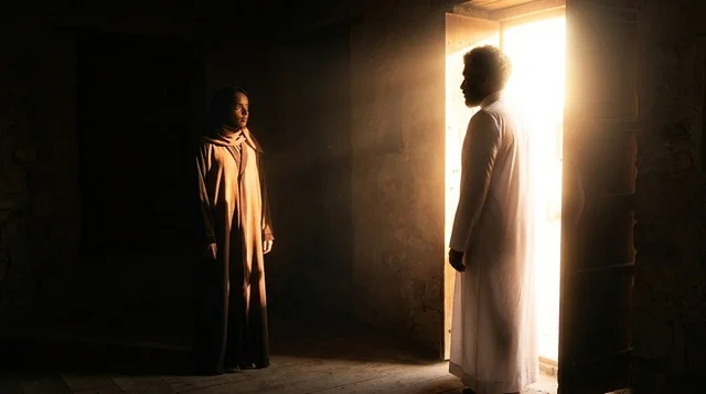 A Saudi man and woman in traditional clothing by candlelight.