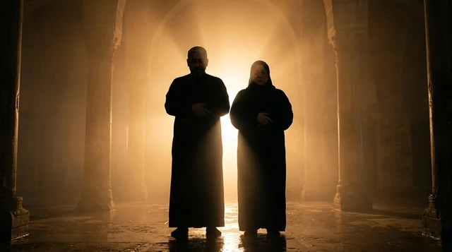 Arab Couple Silhouette in Ancient Arched Corridor Lighting