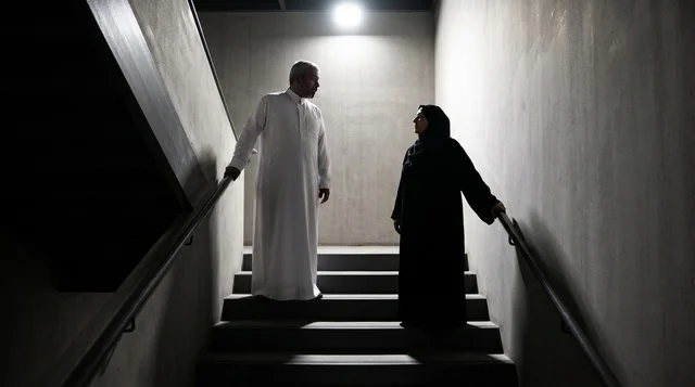 Saudi Couple on Concrete Staircase with Dramatic Lighting