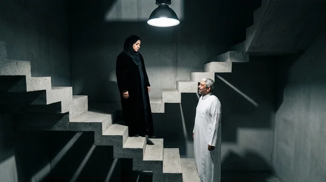 Saudi Man and Woman on Concrete Stairs with Dramatic Lighting
