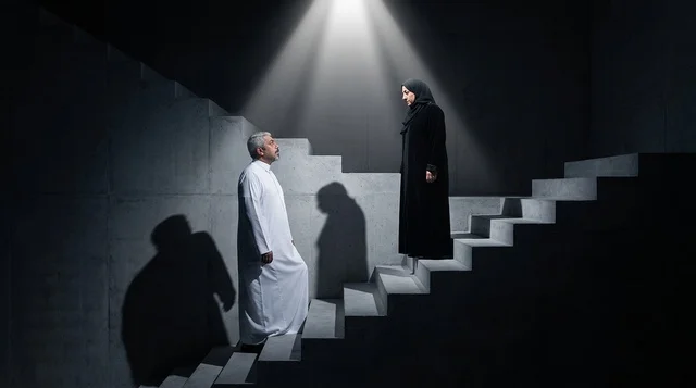 Saudi Man and Woman on Stairs with Dramatic Lighting