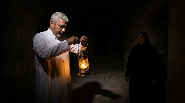Arab Man with Lantern in Dark Traditional Room