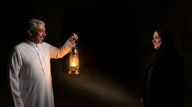 رجل سعودي يحمل فانوساً يضيء لامرأة في الظلام