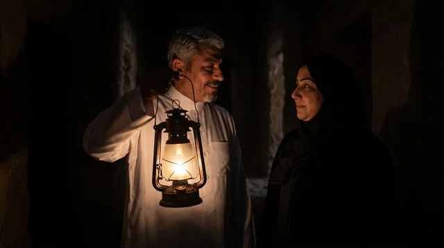 Saudi Man and Woman with Traditional Kerosene Lantern