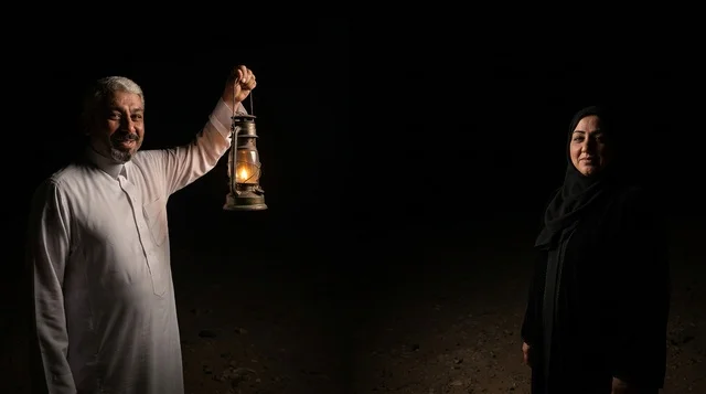 رجل وامرأة سعوديان مع فانوس تقليدي في الليل