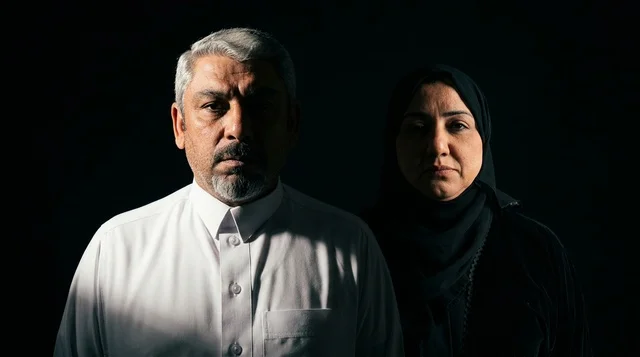 زوجين سعوديين بالزي التقليدي مع إضاءة درامية