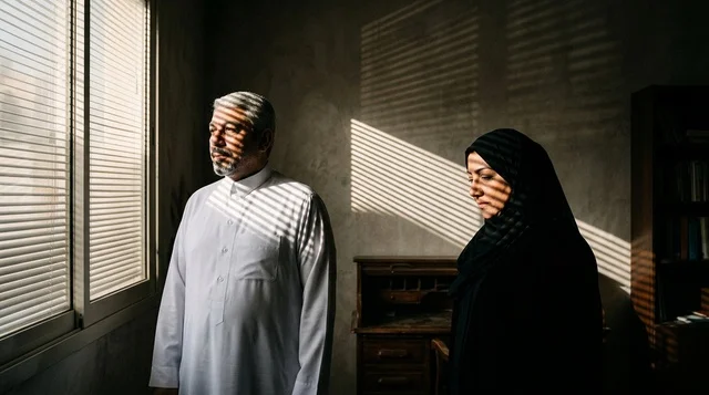 زوجين سعوديين بالزي التقليدي مع ظلال النافذة