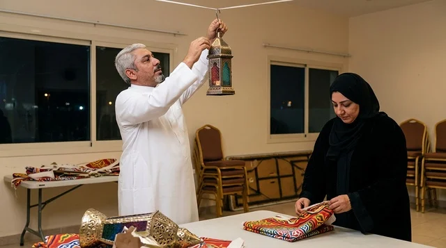 Saudi Couple Preparing Traditional Ramadan Lantern