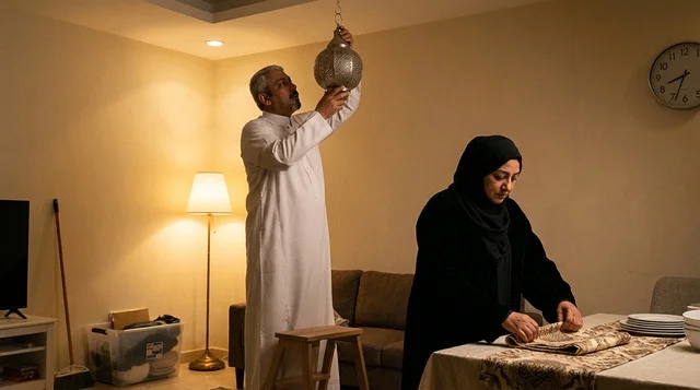 Saudi Couple Preparing Ramadan Decorations at Home