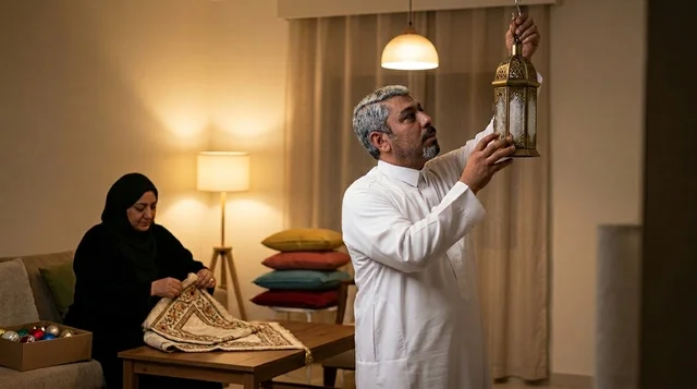 رجل سعودي يعلق فانوس رمضان في المنزل