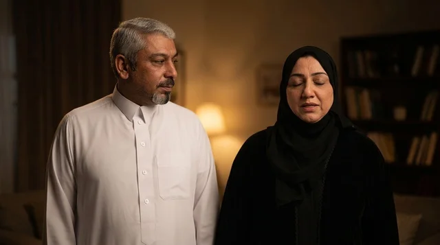 Elderly Saudi Couple in Traditional Attire Indoors