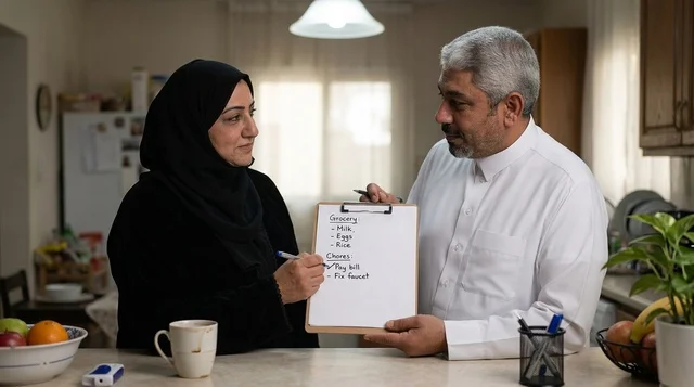 Saudi Couple Discussing Grocery Checklist in Kitchen