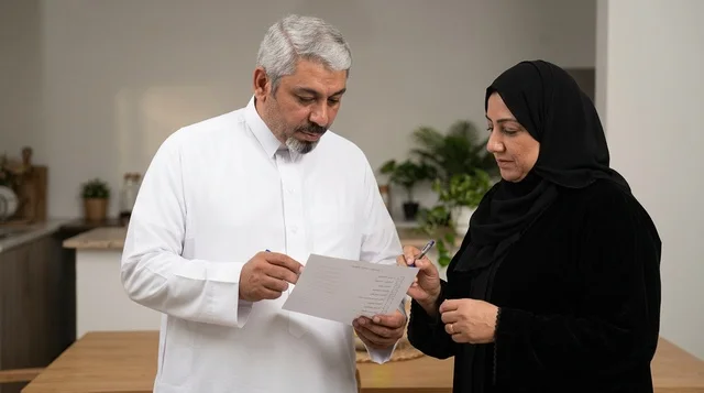 زوجان سعوديان يراجعان وثائق في مطبخ المنزل