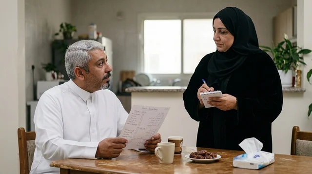 زوجان سعوديان يناقشان ميزانية المنزل والأوراق
