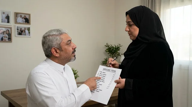 Saudi Couple Planning Grocery List Together at Home