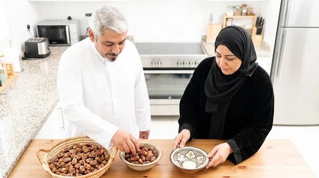 زوجين إماراتيين باللباس التقليدي مع التمور في المطبخ
