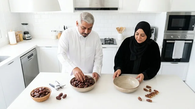 Saudi Man and Woman Preparing Dates in Modern Kitchen