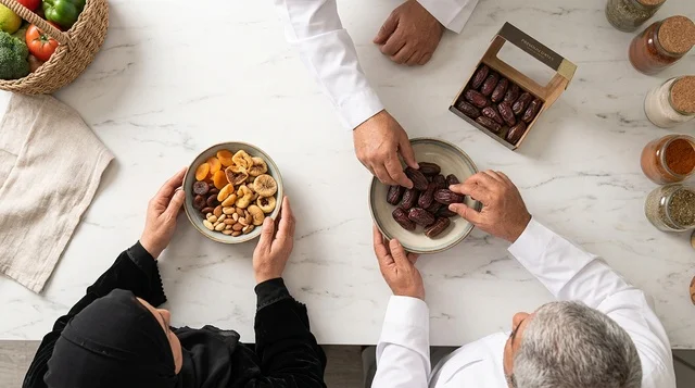 Saudi Family Sharing Dates and Dried Fruit Top View