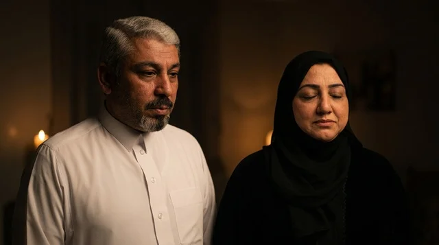 رجل وامرأة سعوديان بملابس تقليدية في إضاءة خافتة