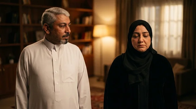 رجل وامرأة سعوديين بالملابس التقليدية داخل المنزل