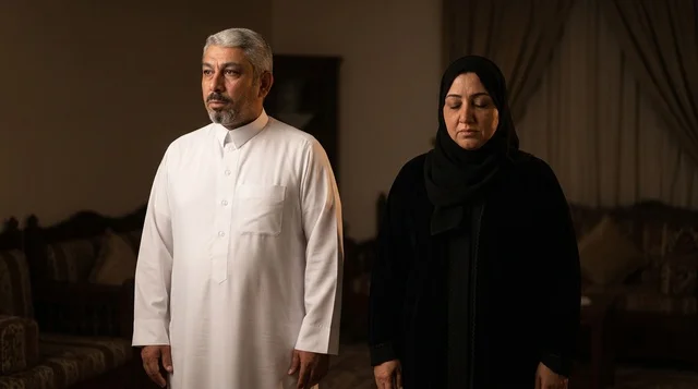 زوجين عربيين بالزي التقليدي في المنزل بإضاءة خافتة