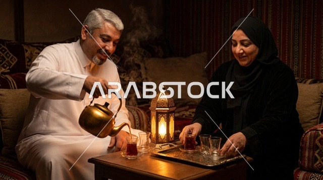 رجل وامرأة سعوديين يشربون الشاي في مجلس تقليدي