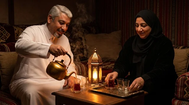 رجل وامرأة سعوديين يشربون الشاي في مجلس تقليدي