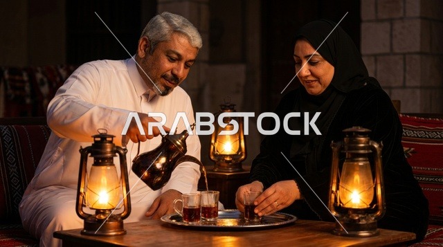 Saudi Couple Drinking Tea by Lantern Light