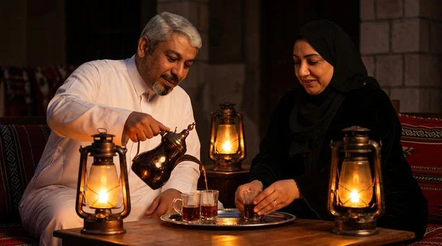 زوجان سعوديان يشربان الشاي بضوء الفوانيس