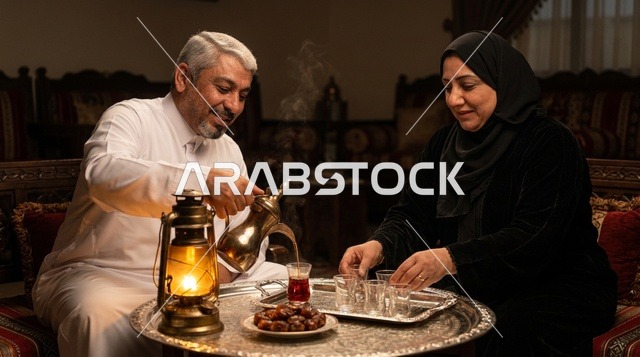 زوجان سعوديان يتناولان الشاي والتمور في مجلس تقليدي