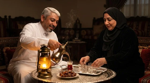 زوجان سعوديان يتناولان الشاي والتمور في مجلس تقليدي
