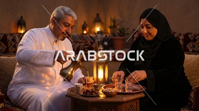 زوجان سعوديان يتناولان القهوة العربية في مجلس تراثي