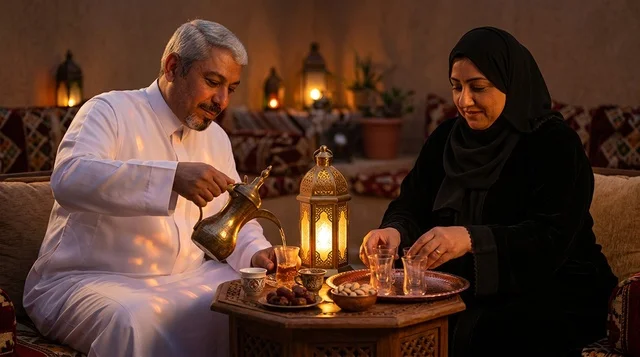 زوجان سعوديان يتناولان القهوة العربية في مجلس تراثي