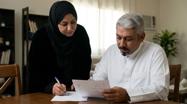 Saudi Couple Signing Documents in Traditional Attire