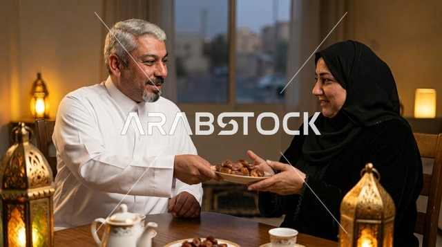زوجان سعوديان يتناولان التمر مع فوانيس رمضان