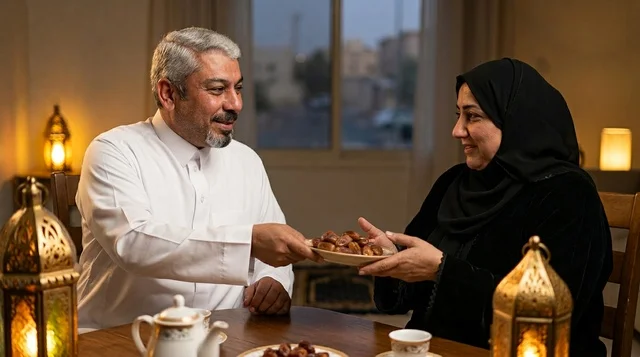 Saudi Couple Eating Dates with Ramadan Lanterns