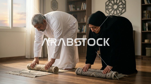 زوجان عربيان يطويان سجاد الصلاة بالملابس التقليدية