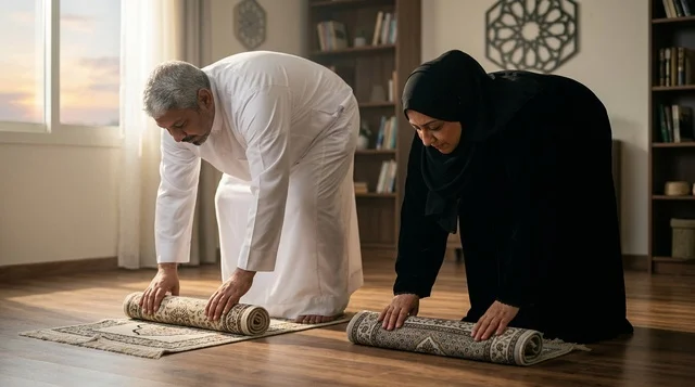 زوجان عربيان يطويان سجاد الصلاة بالملابس التقليدية