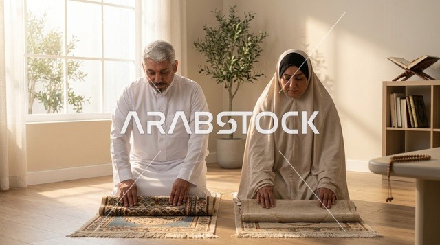 Elderly Arab Couple Praying on Rugs at Home