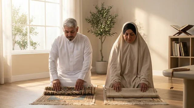 Elderly Arab Couple Praying on Rugs at Home