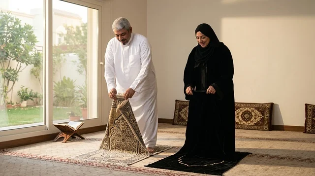 Elderly Saudi Couple Preparing Prayer Rugs at Home