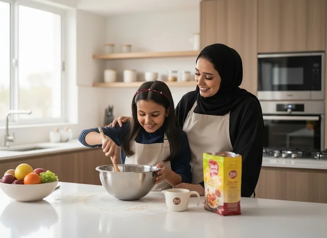 Arab Mother and Daughter Cooking in Modern Kitchen