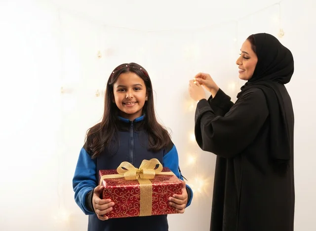 امرأة سعودية وطفلة مع هدية وأضواء زينة احتفالية